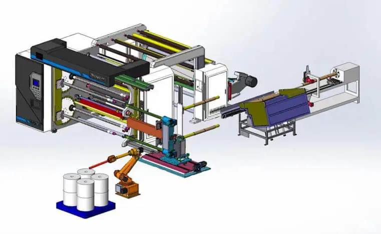 La máquina rebobinadora de corte automático con descarga automática y paletización automática en línea está en desarrollo...